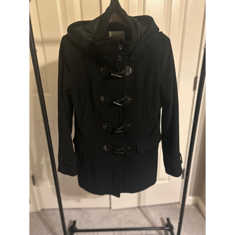 Cole Haan Signature Black Hooded Wool Blend Toggle Duffle Coat - Size 12 EUC